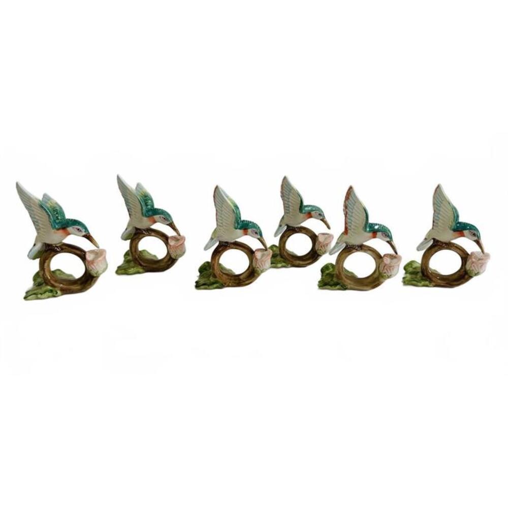Vintage Fitz & Floyd Hummingbird Napkin Ring Holders Floral Accent Ceramic Set 6